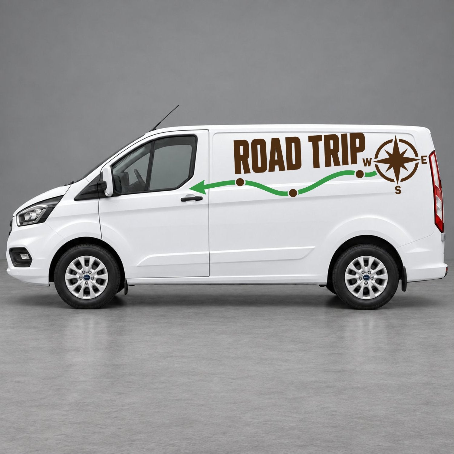 Ford Transit Custom Road Trip Route & Compass Side Graphics in Brown & Green