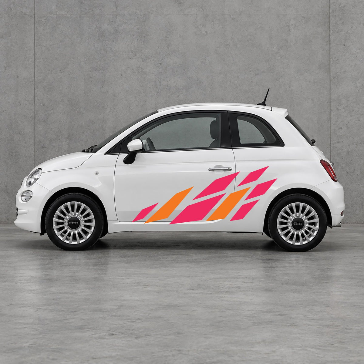 Fiat 500 Racing Flag Side Graphics Kit - Pair Supplied in Pink & Orange