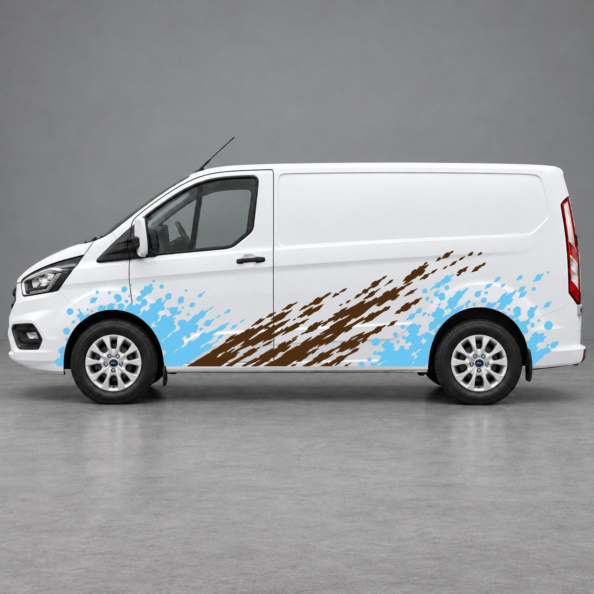 Ford Transit Custom Grunge Paint-Splatter Side Graphics in Light Blue & Brown