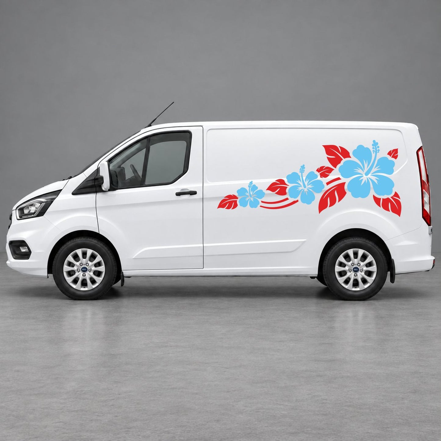Ford Transit Custom Hibiscus Flower Trail Side Graphics in Red & Light Blue