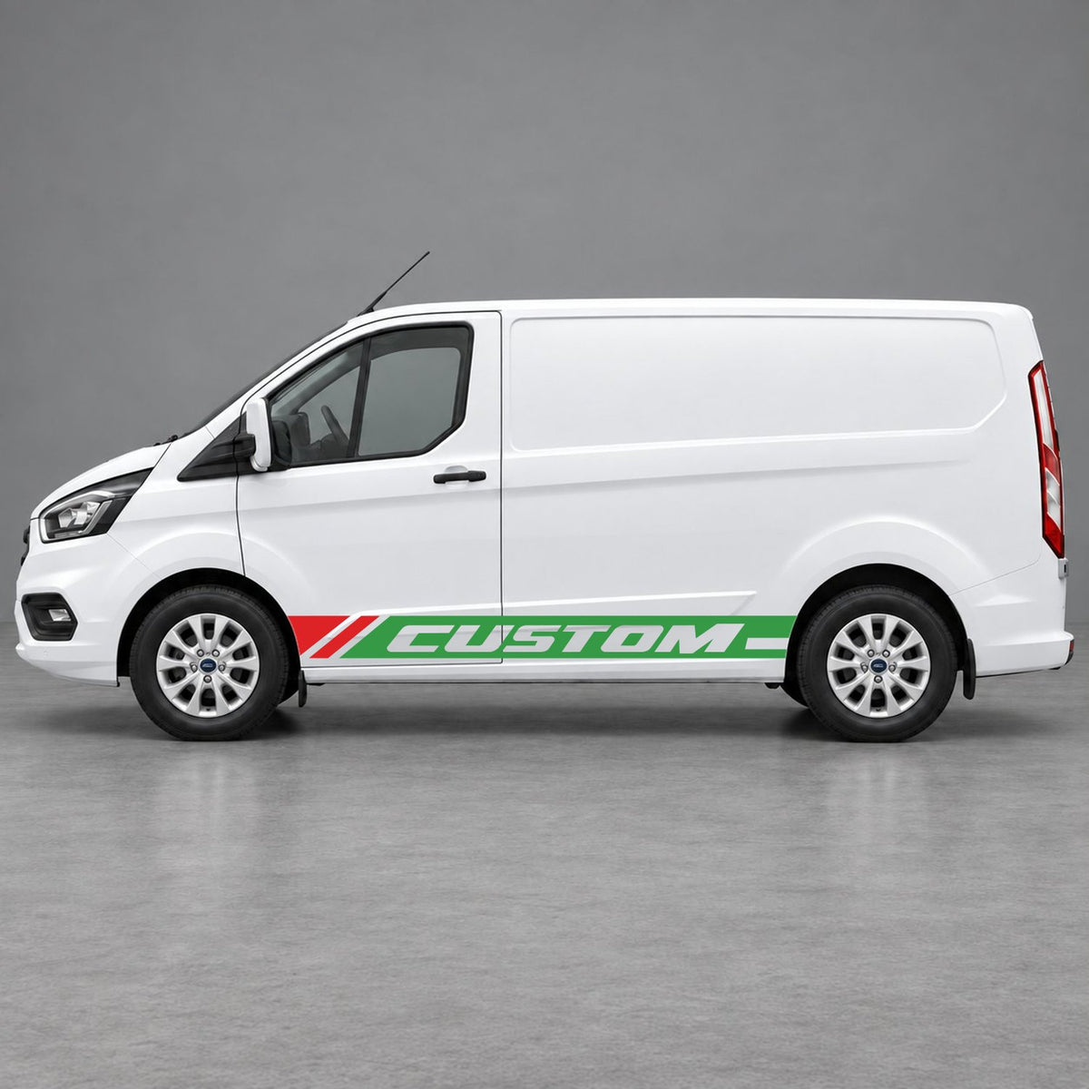 Ford Transit Custom Custom Lower Side Stripes in Green & Red