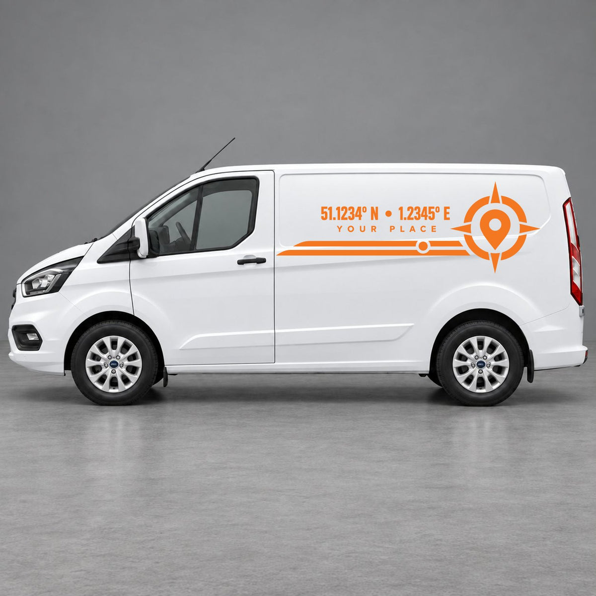 Ford Transit Custom Personalised Coordinates & Compass Side Graphics in Orange