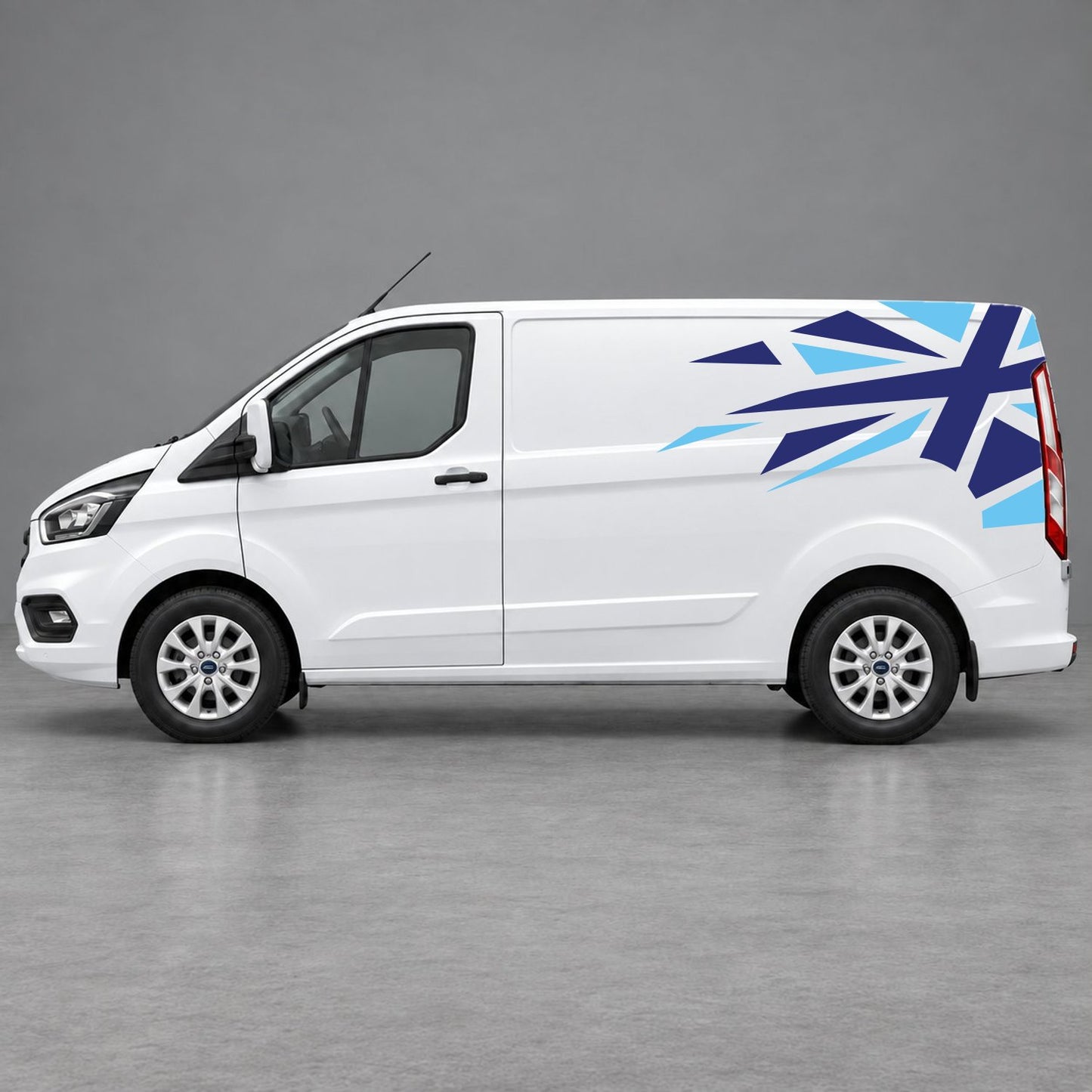 Ford Transit Custom Shattered Union Jack Side Graphics in Light Blue & Navy Blue