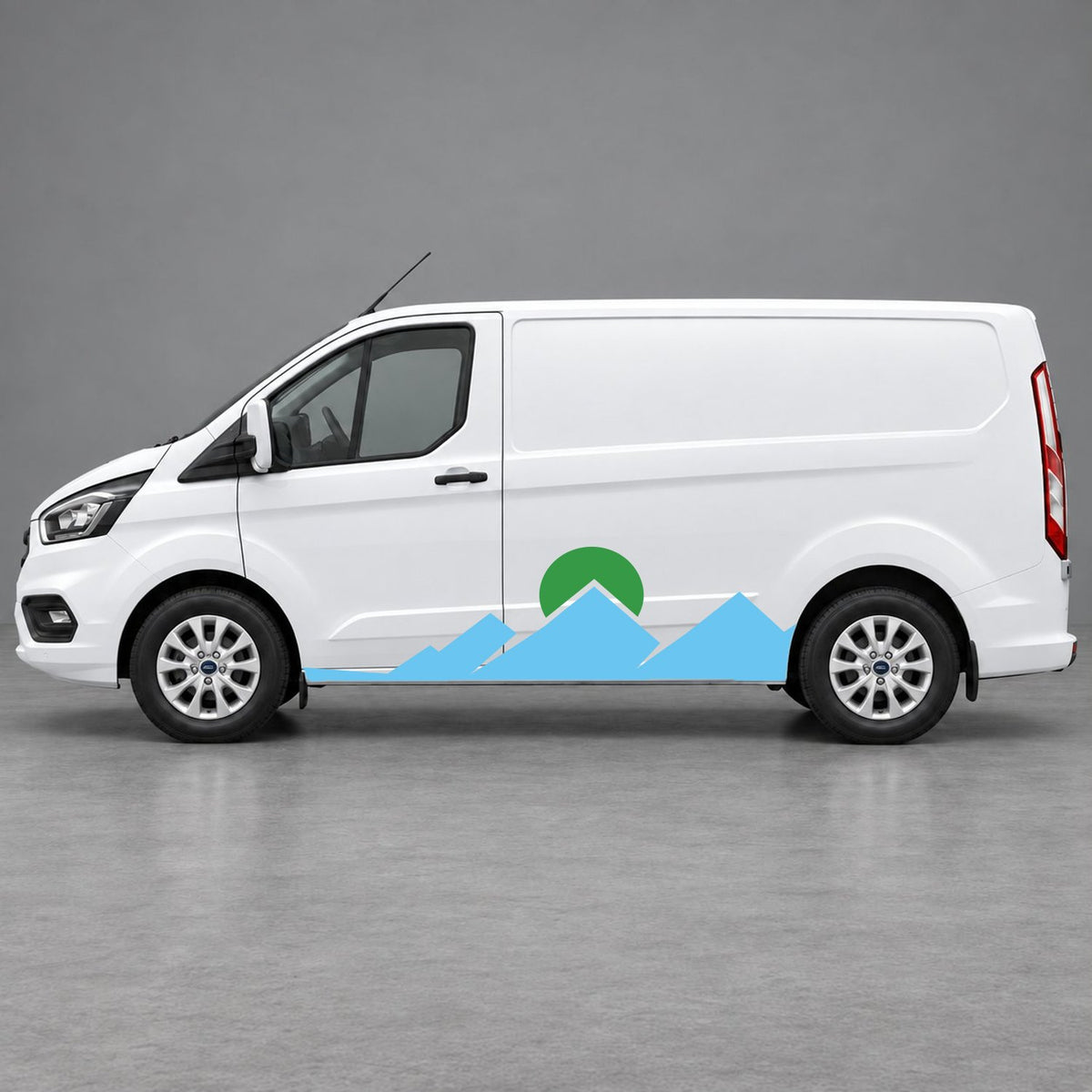 Ford Transit Custom Minimal Mountain Peak Side Graphics in Light Blue & Green