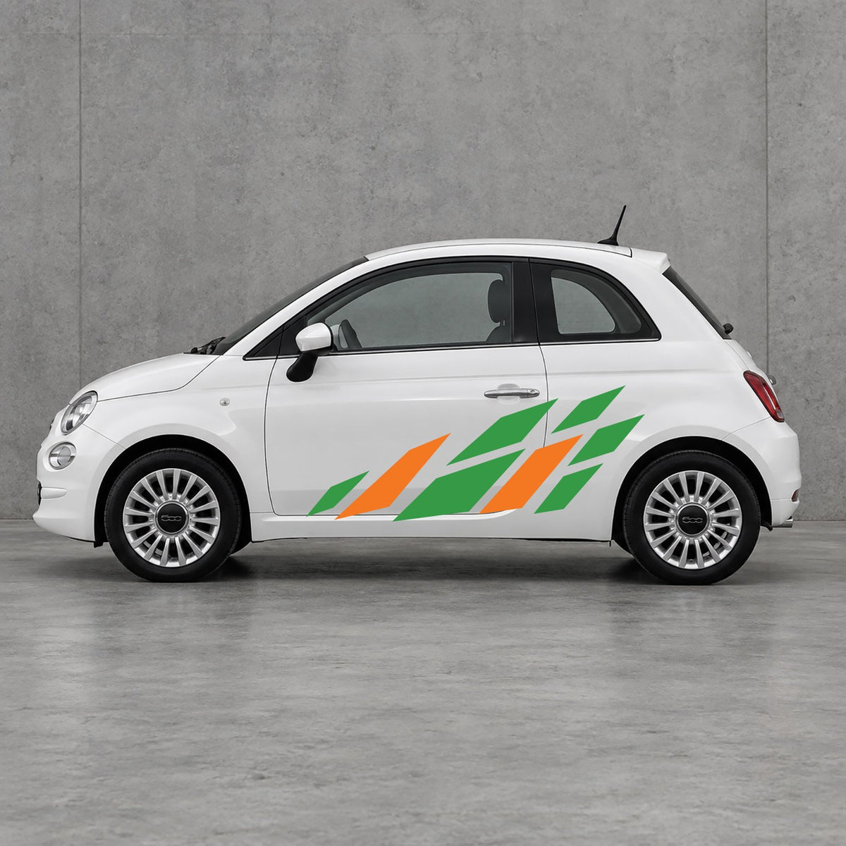 Fiat 500 Racing Flag Side Graphics Kit - Pair Supplied in Green & Orange