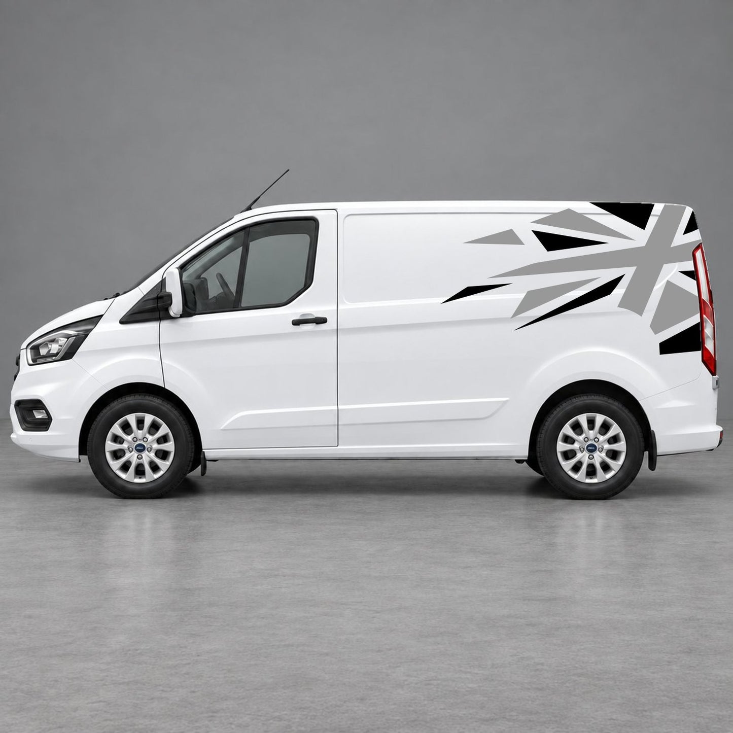 Ford Transit Custom Shattered Union Jack Side Graphics in Black & Grey