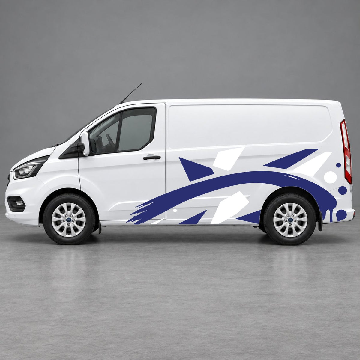 Ford Transit Custom Abstract Geometric Splash Side Graphics in White & Navy Blue