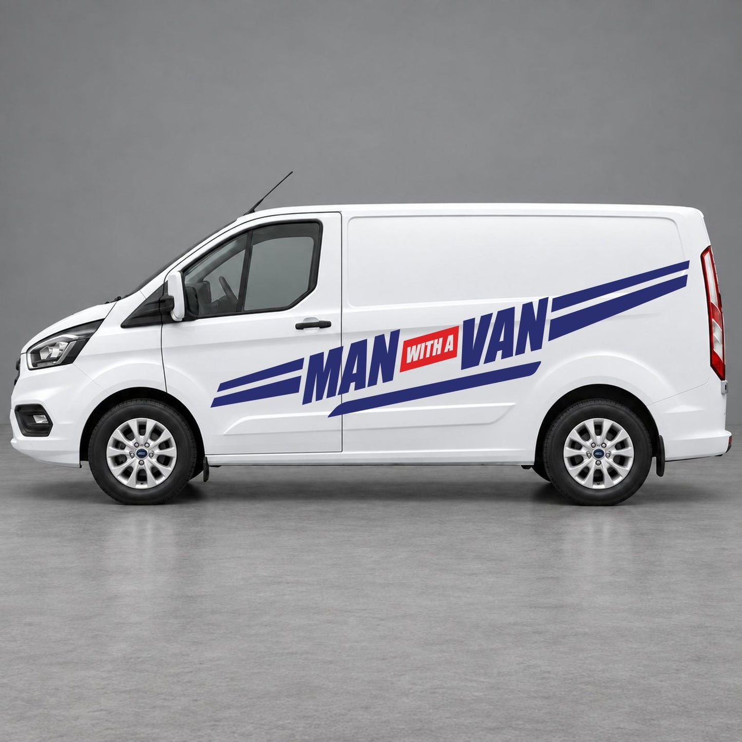 Ford Transit Custom Man with a Van Side Stripes in Navy Blue & Red