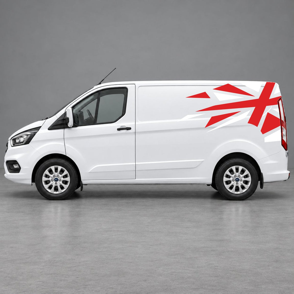 Ford Transit Custom Shattered Union Jack Side Graphics in White & Red