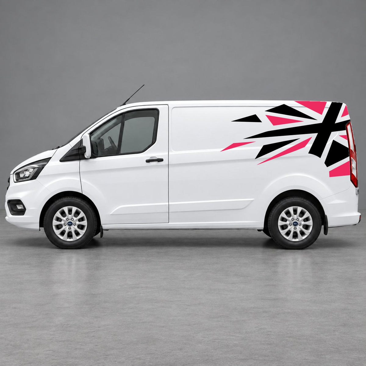 Ford Transit Custom Shattered Union Jack Side Graphics in Pink & Black