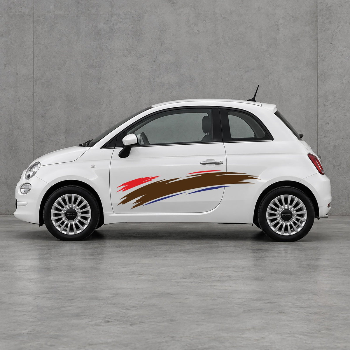 Fiat 500 Italian Red Brush Side Graphics Kit - Pair Supplied in Navy Blue & Brown