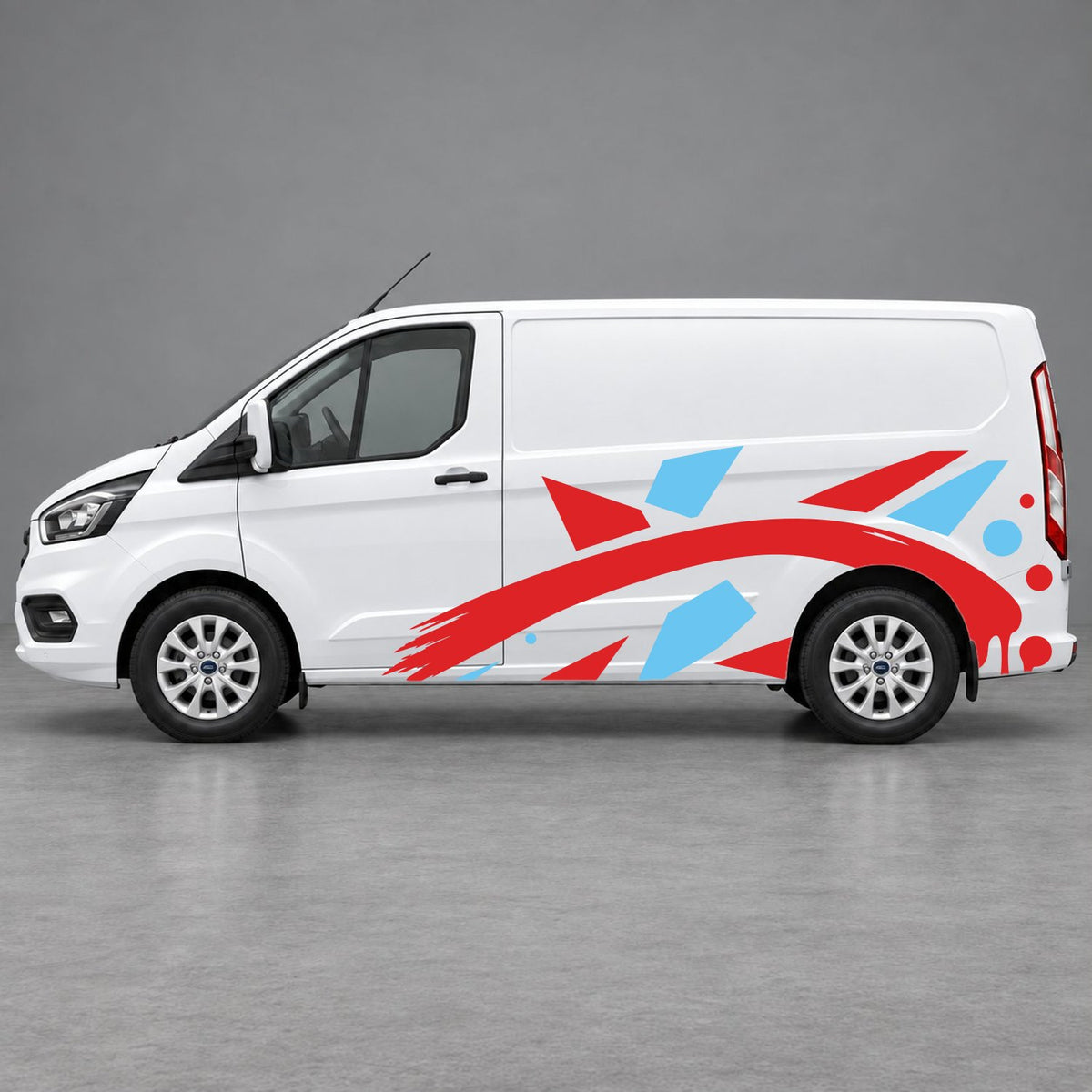 Ford Transit Custom Abstract Geometric Splash Side Graphics in Light Blue & Red
