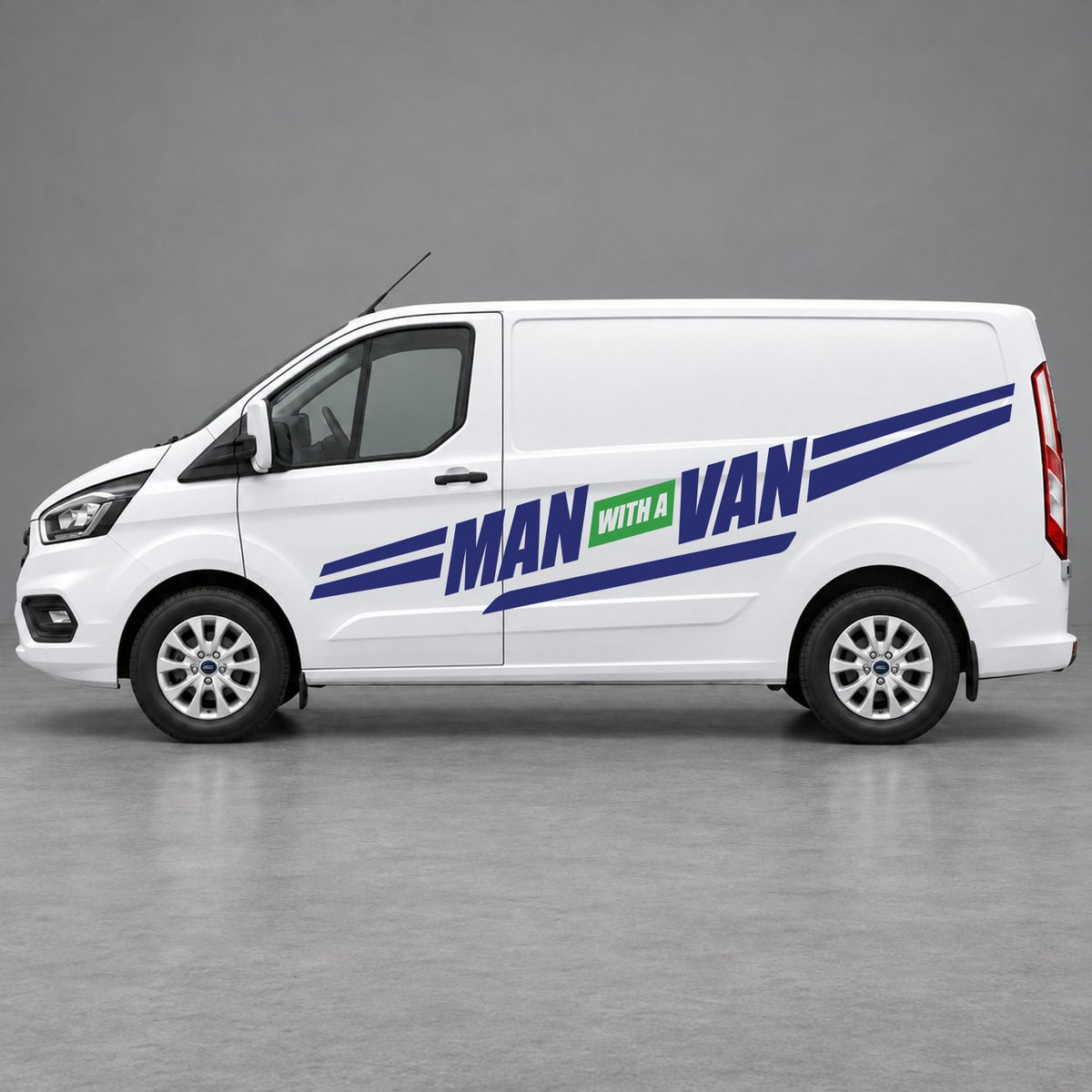 Ford Transit Custom Man with a Van Side Stripes in Navy Blue & Green