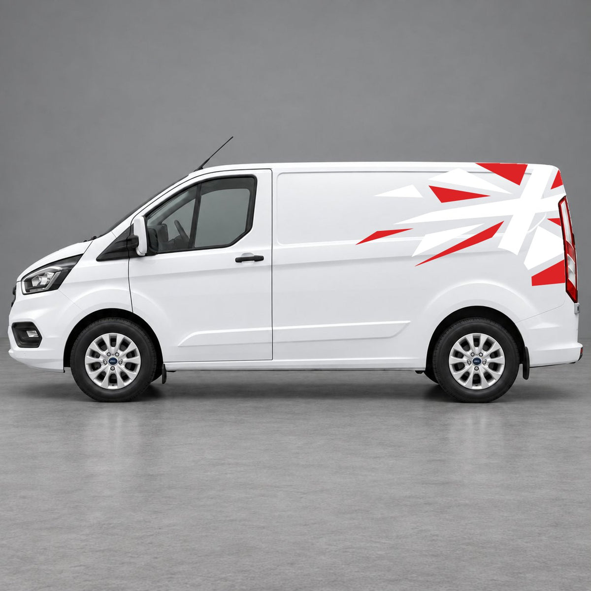 Ford Transit Custom Shattered Union Jack Side Graphics in Red & White