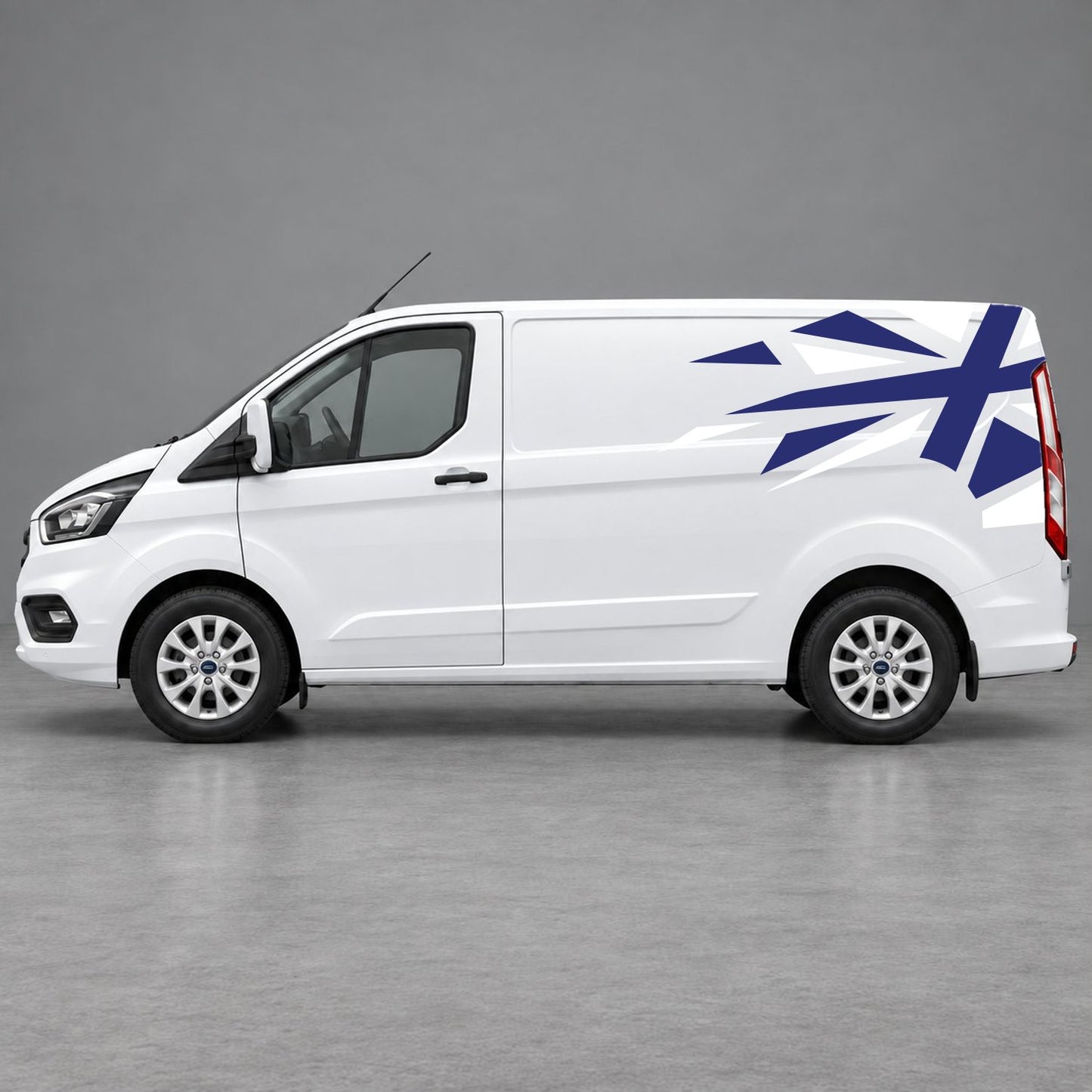 Ford Transit Custom Shattered Union Jack Side Graphics in White & Navy Blue