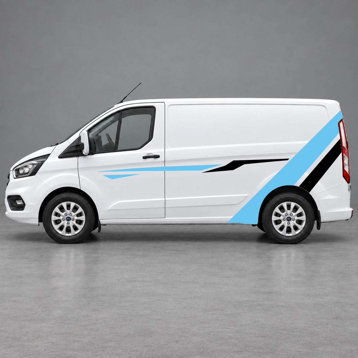 Ford Transit Custom Bold Rear Diagonal Side Stripes in Light Blue & Black