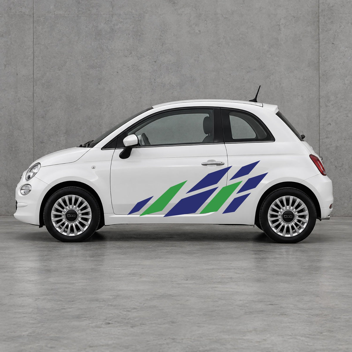 Fiat 500 Racing Flag Side Graphics Kit - Pair Supplied in Navy Blue & Green