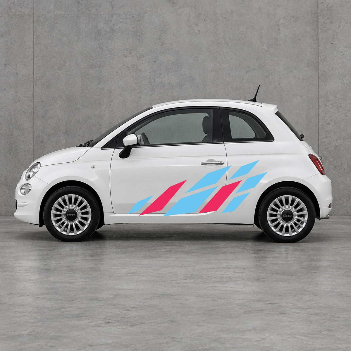 Fiat 500 Racing Flag Side Graphics Kit - Pair Supplied in Light Blue & Pink
