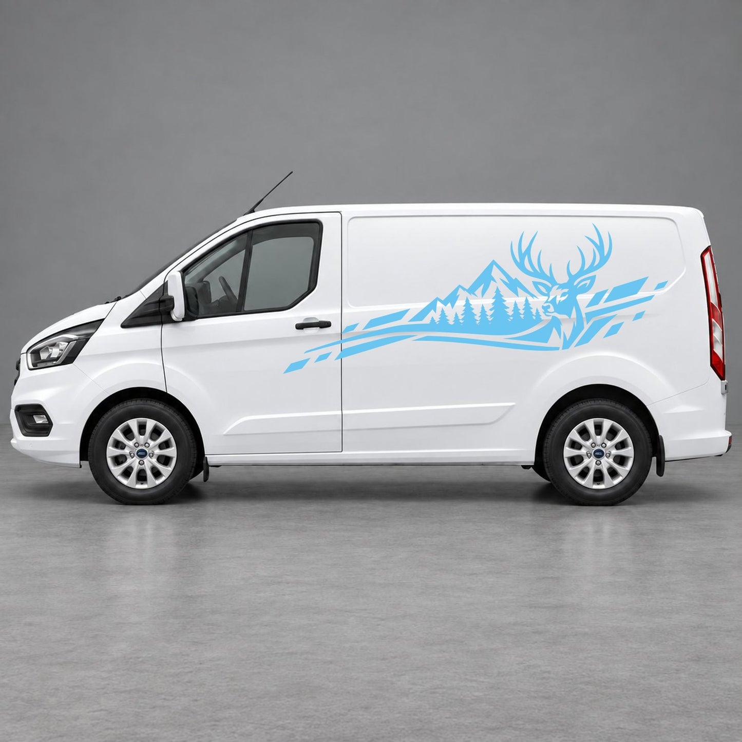 Ford Transit Custom Stag Mountain & Forest Side Graphics in Light Blue