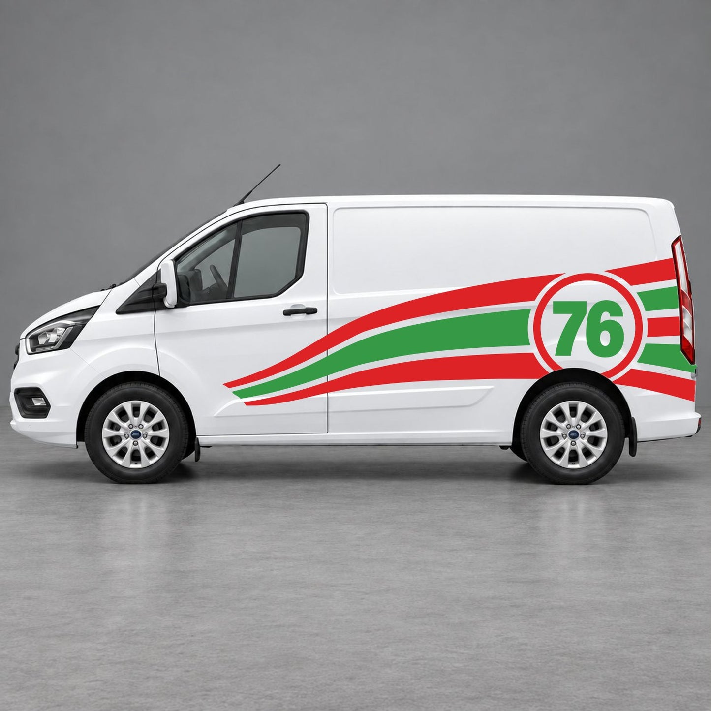 Ford Transit Custom Personalised Number 76 Racing Side Graphics in Red & Green