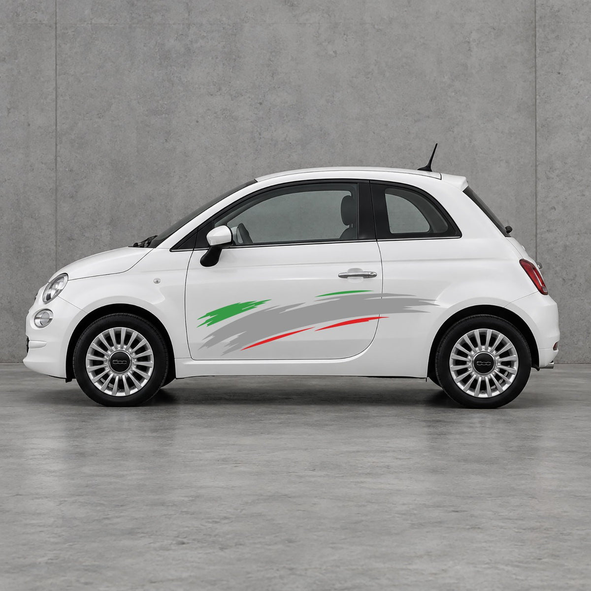 Fiat 500 Italian Green Brush Side Graphics Kit - Pair Supplied in Grey & Red
