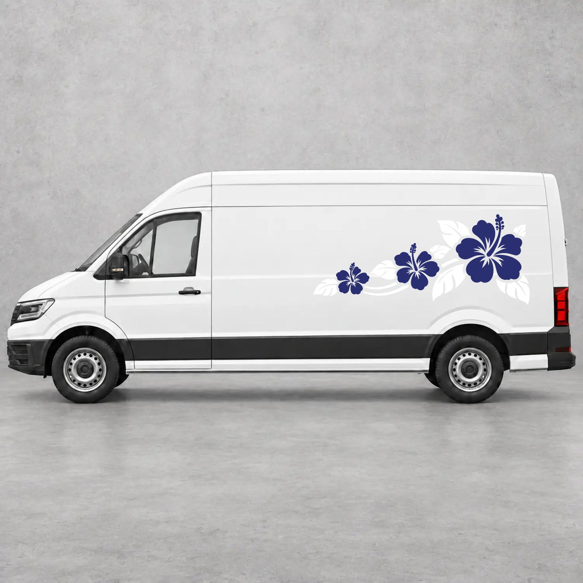 VW Crafter Hibiscus Flower Trail Side Graphics in White & Navy Blue