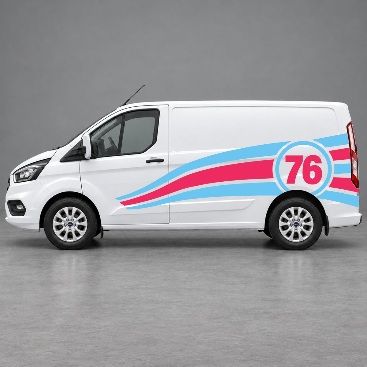 Ford Transit Custom Personalised Number 76 Racing Side Graphics in Light Blue & Pink
