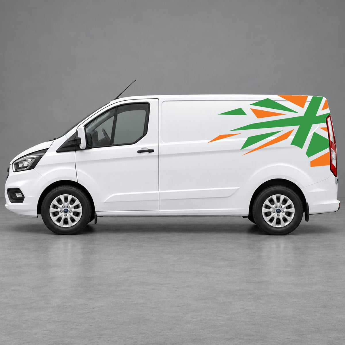 Ford Transit Custom Shattered Union Jack Side Graphics in Orange & Green