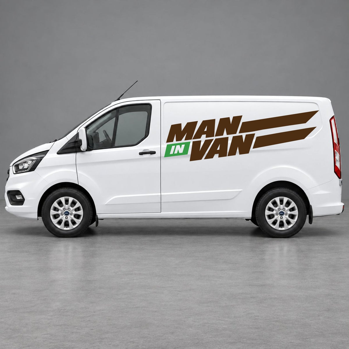 Ford Transit Custom Man in Van Side Stripes in Brown & Green