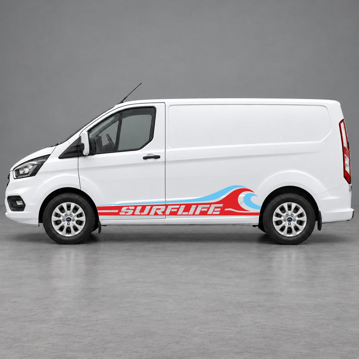 Ford Transit Custom Surflife Wave Side Stripes in Red & Light Blue