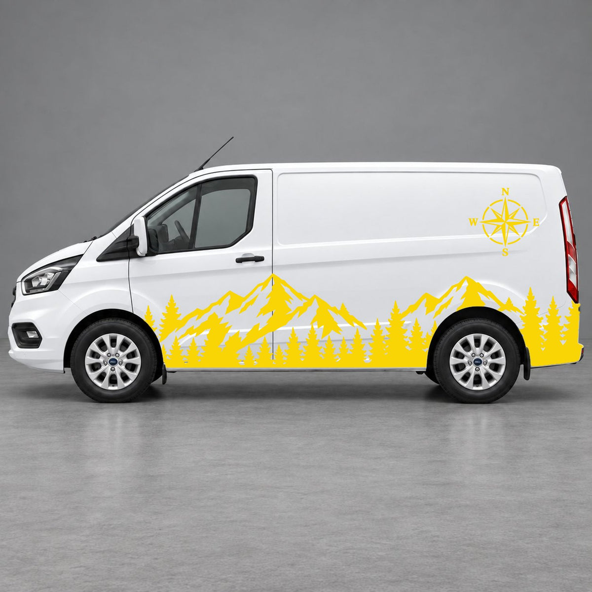 Ford Transit Custom Mountain Forest & Compass Side Graphics in Yellow