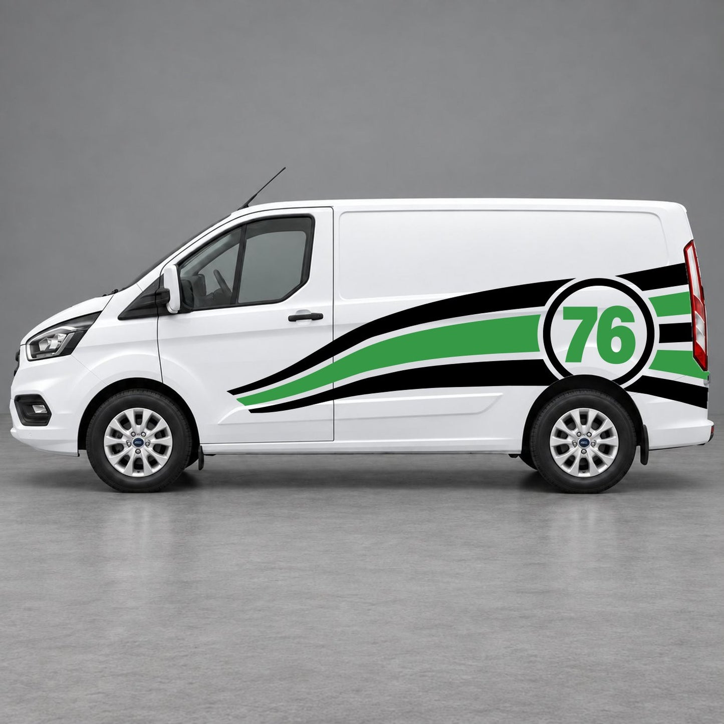 Ford Transit Custom Personalised Number 76 Racing Side Graphics in Black & Green
