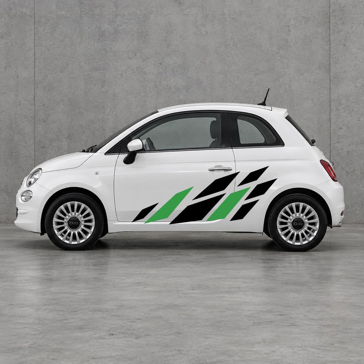 Fiat 500 Racing Flag Side Graphics Kit - Pair Supplied in Black & Green