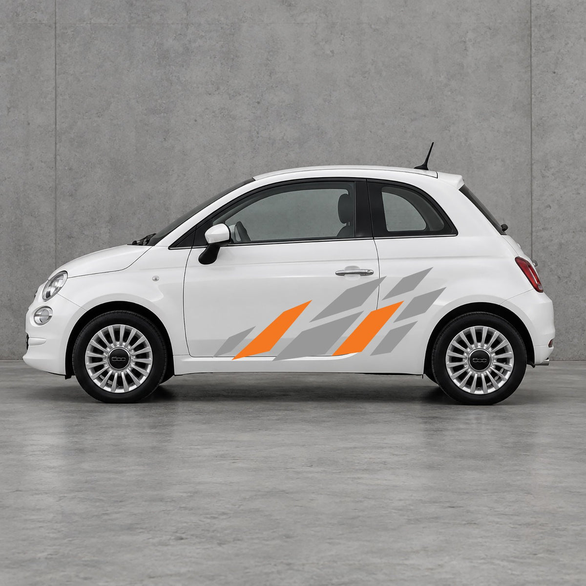 Fiat 500 Racing Flag Side Graphics Kit - Pair Supplied in Grey & Orange