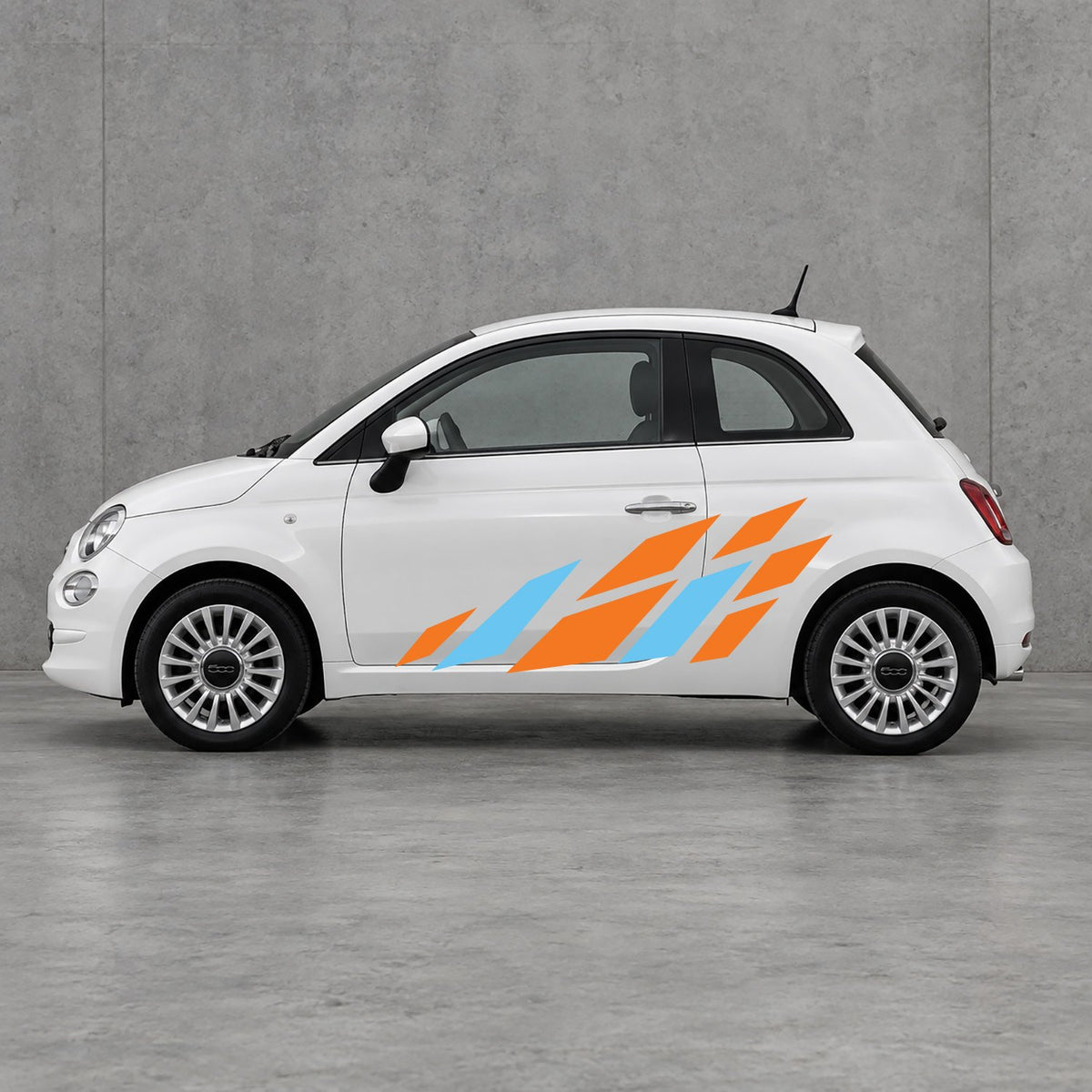 Fiat 500 Racing Flag Side Graphics Kit - Pair Supplied in Orange & Light Blue