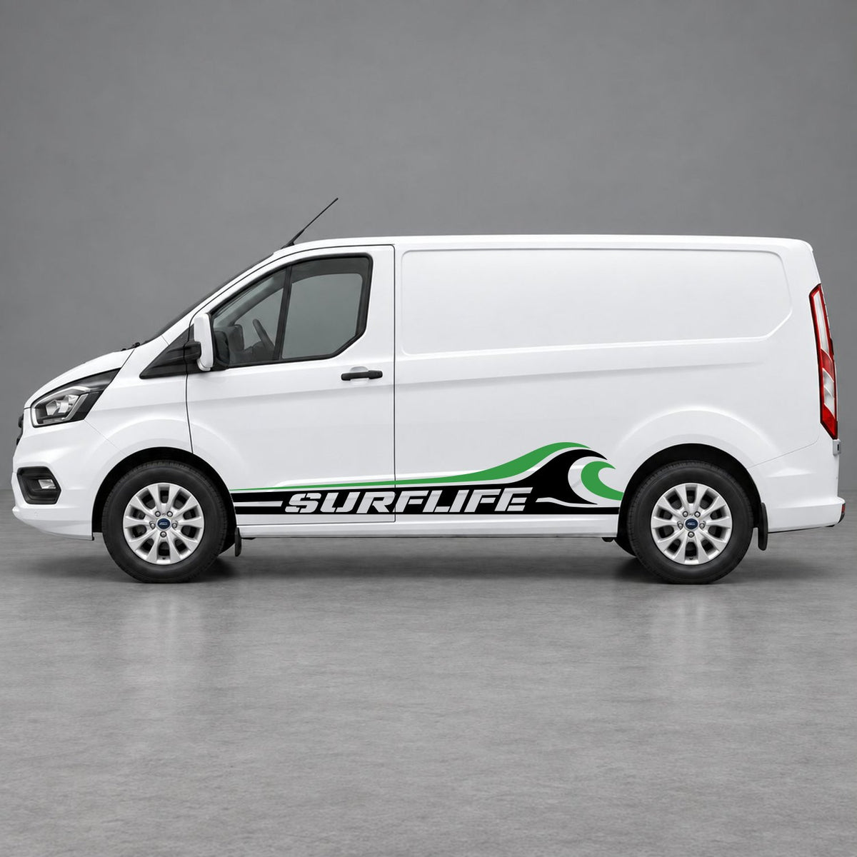 Ford Transit Custom Surflife Wave Side Stripes in Black & Green