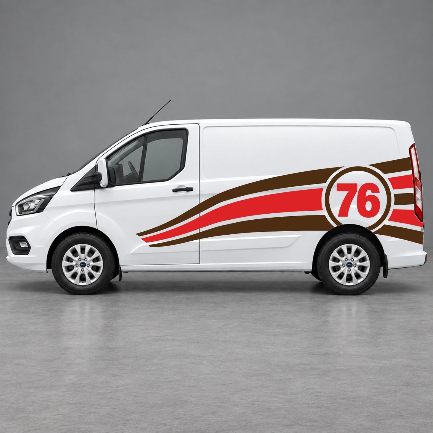 Ford Transit Custom Personalised Number 76 Racing Side Graphics in Brown & Red
