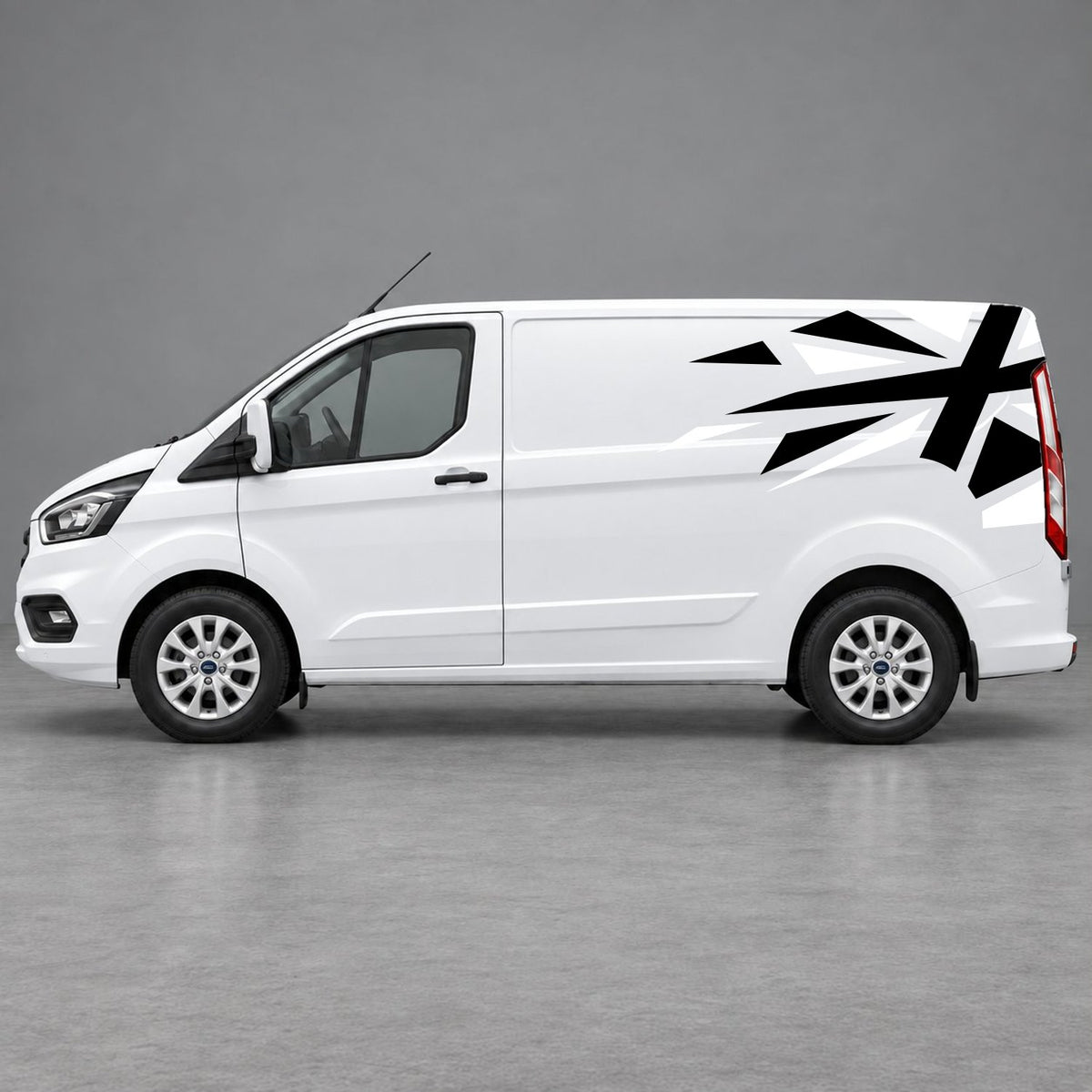 Ford Transit Custom Shattered Union Jack Side Graphics in White & Black