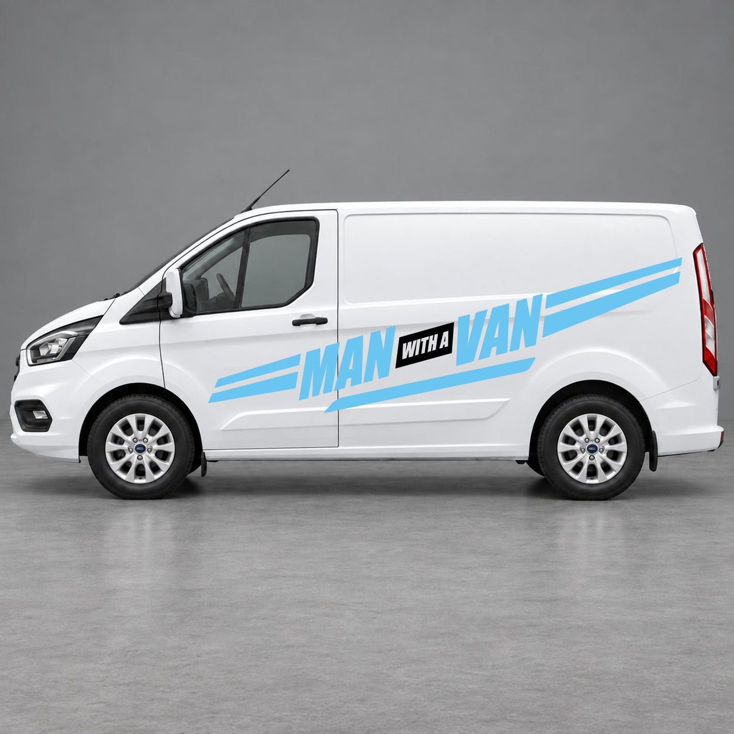 Ford Transit Custom Man with a Van Side Stripes in Light Blue & Black