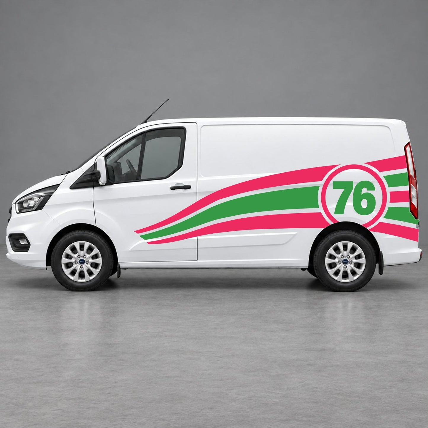 Ford Transit Custom Personalised Number 76 Racing Side Graphics in Pink & Green