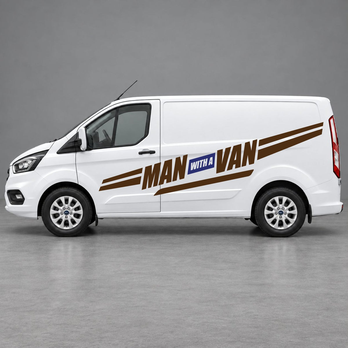 Ford Transit Custom Man with a Van Side Stripes in Brown & Navy Blue
