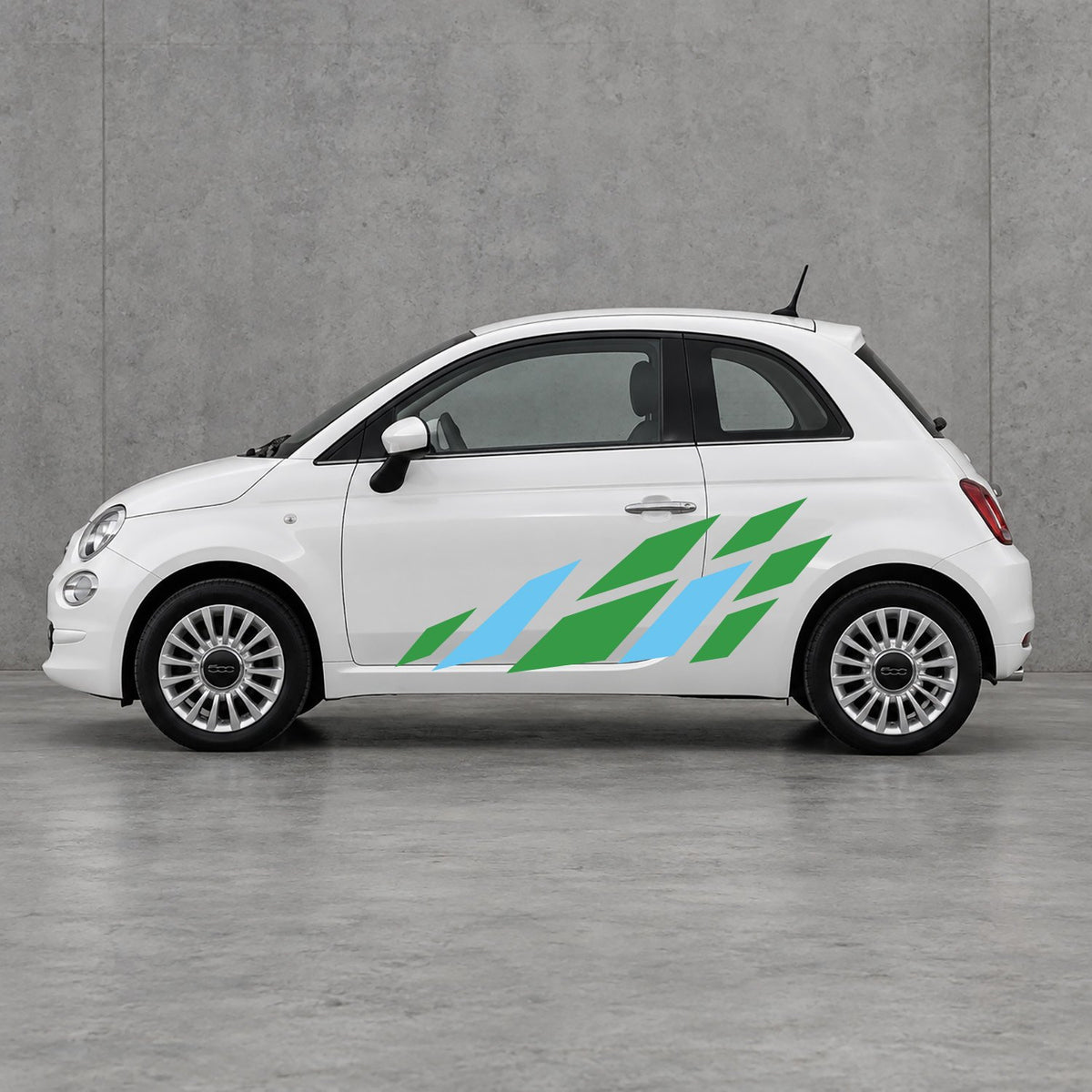 Fiat 500 Racing Flag Side Graphics Kit - Pair Supplied in Green & Light Blue