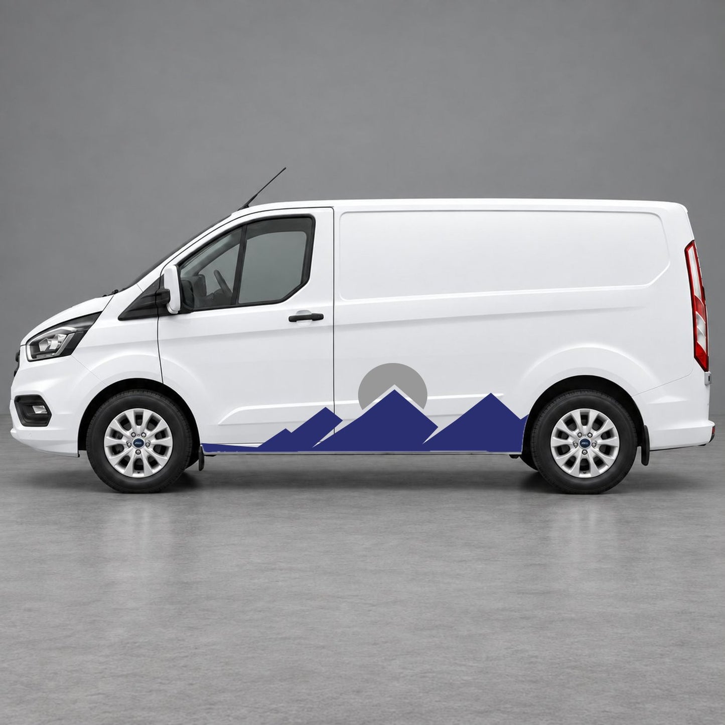 Ford Transit Custom Minimal Mountain Peak Side Graphics in Navy Blue & Grey