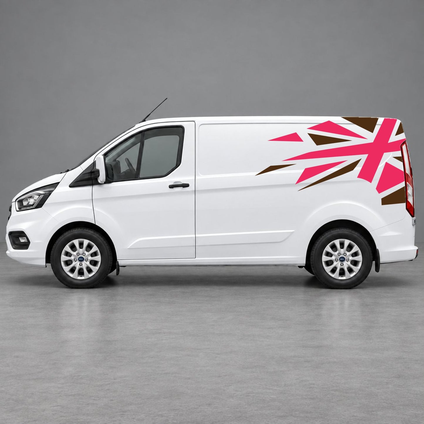 Ford Transit Custom Shattered Union Jack Side Graphics in Brown & Pink
