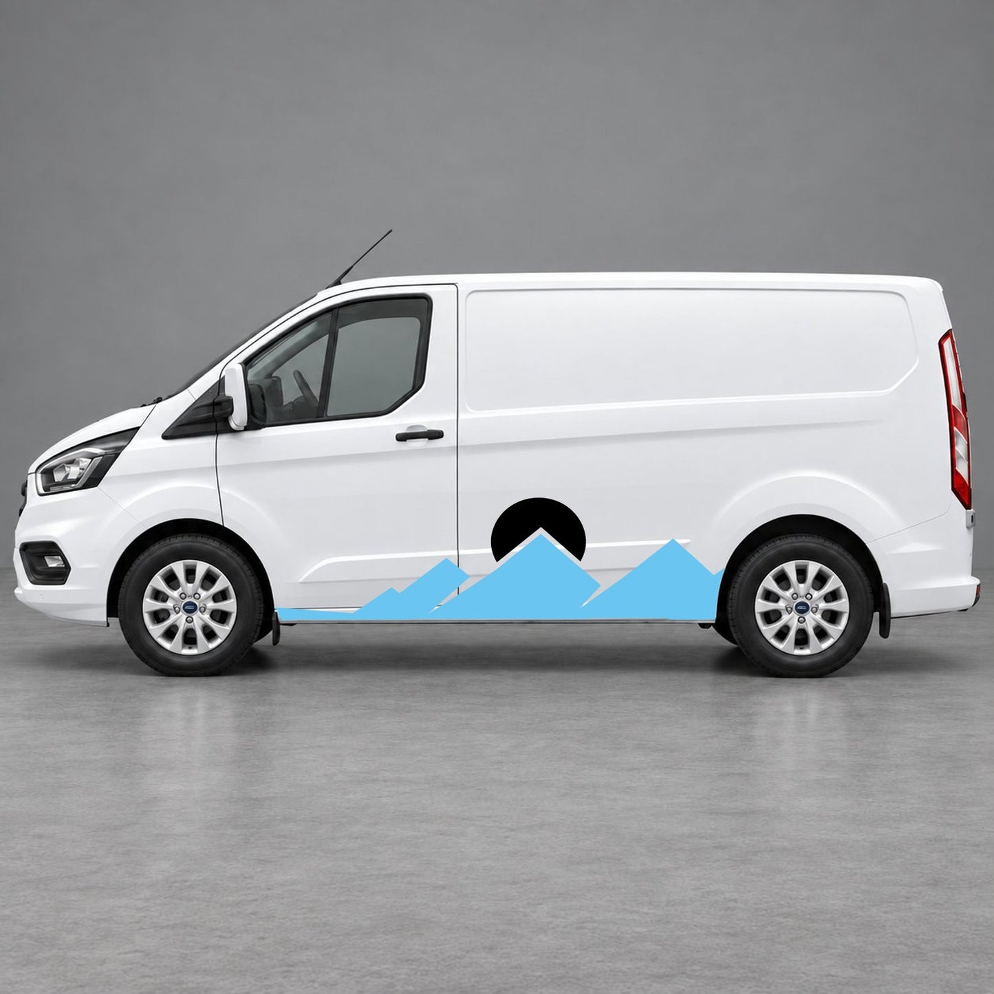 Ford Transit Custom Minimal Mountain Peak Side Graphics in Light Blue & Black