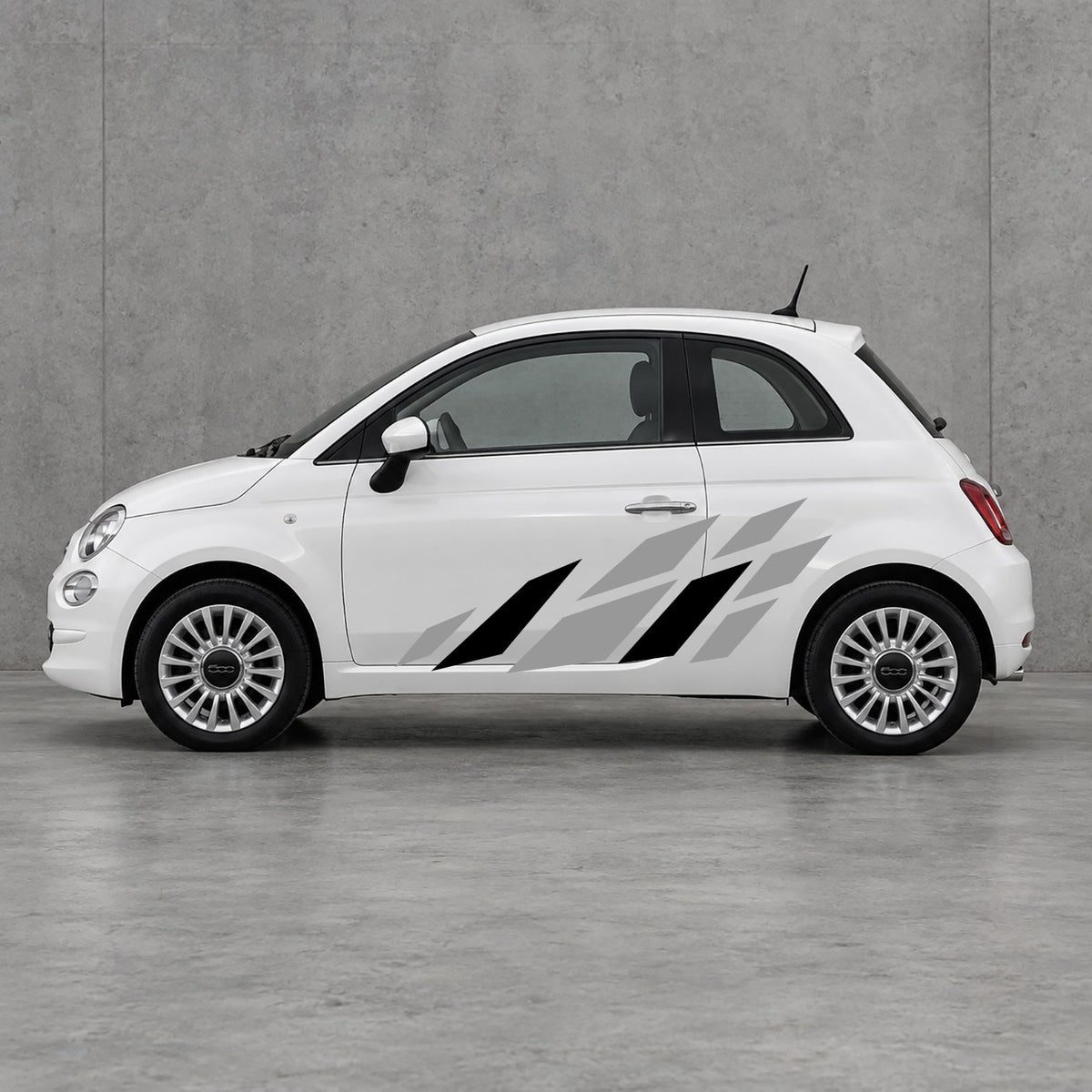 Fiat 500 Racing Flag Side Graphics Kit - Pair Supplied in Grey & Black