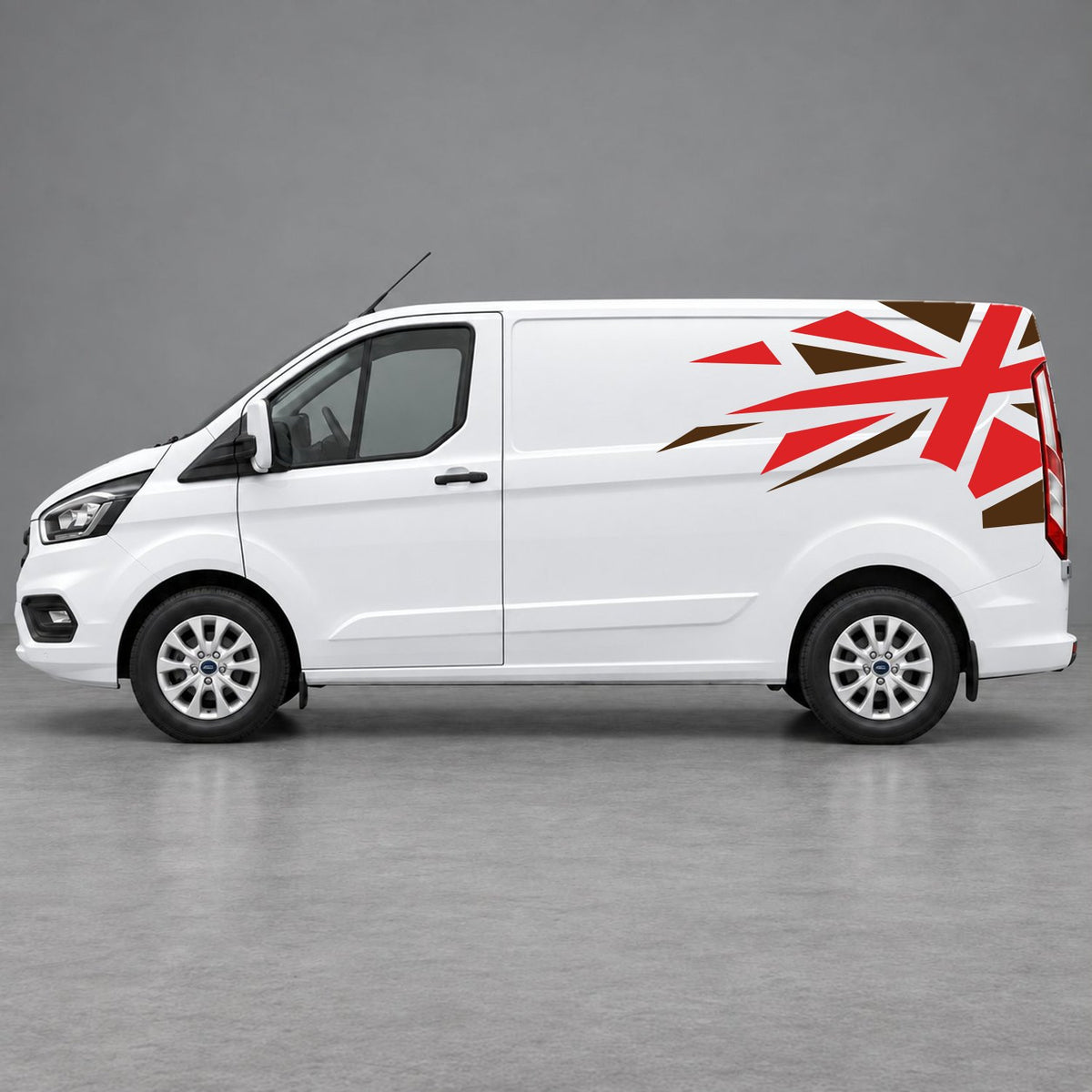 Ford Transit Custom Shattered Union Jack Side Graphics in Brown & Red