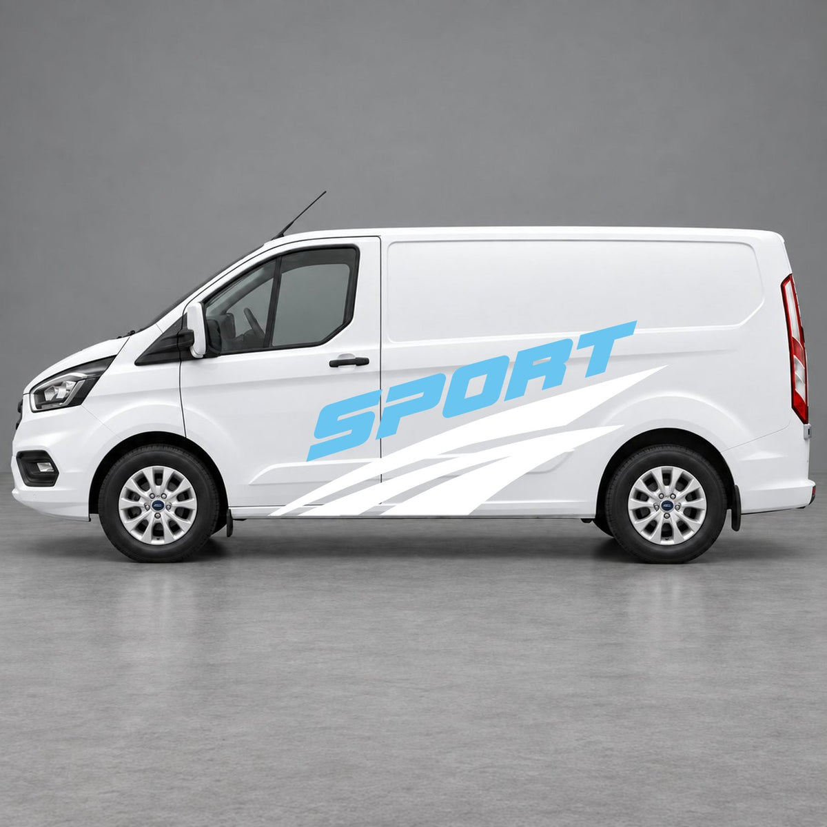 Ford Transit Custom Sport Twin Stripe Side Graphics in White & Light Blue