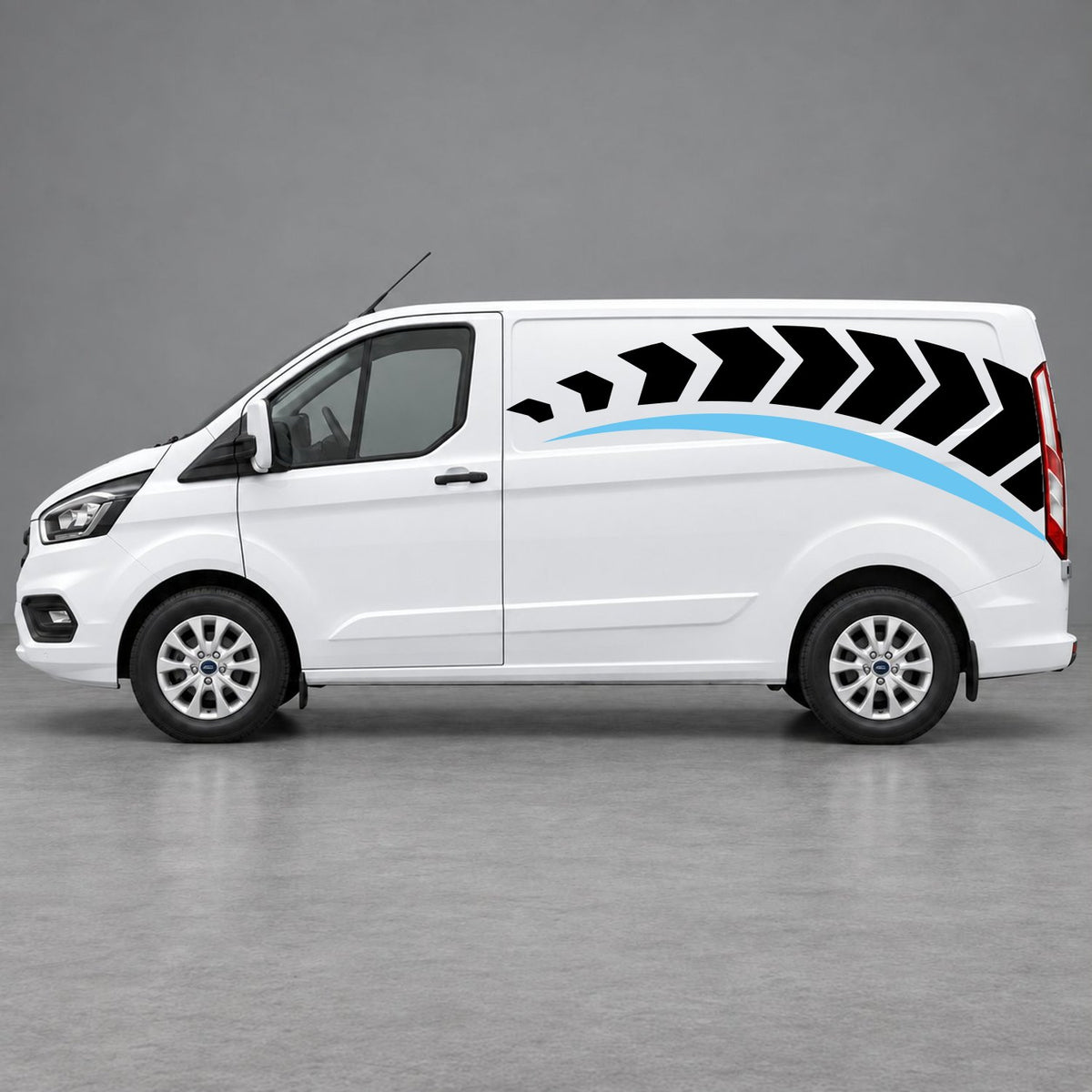 Ford Transit Custom Chevron Track Side Graphics in Black & Light Blue