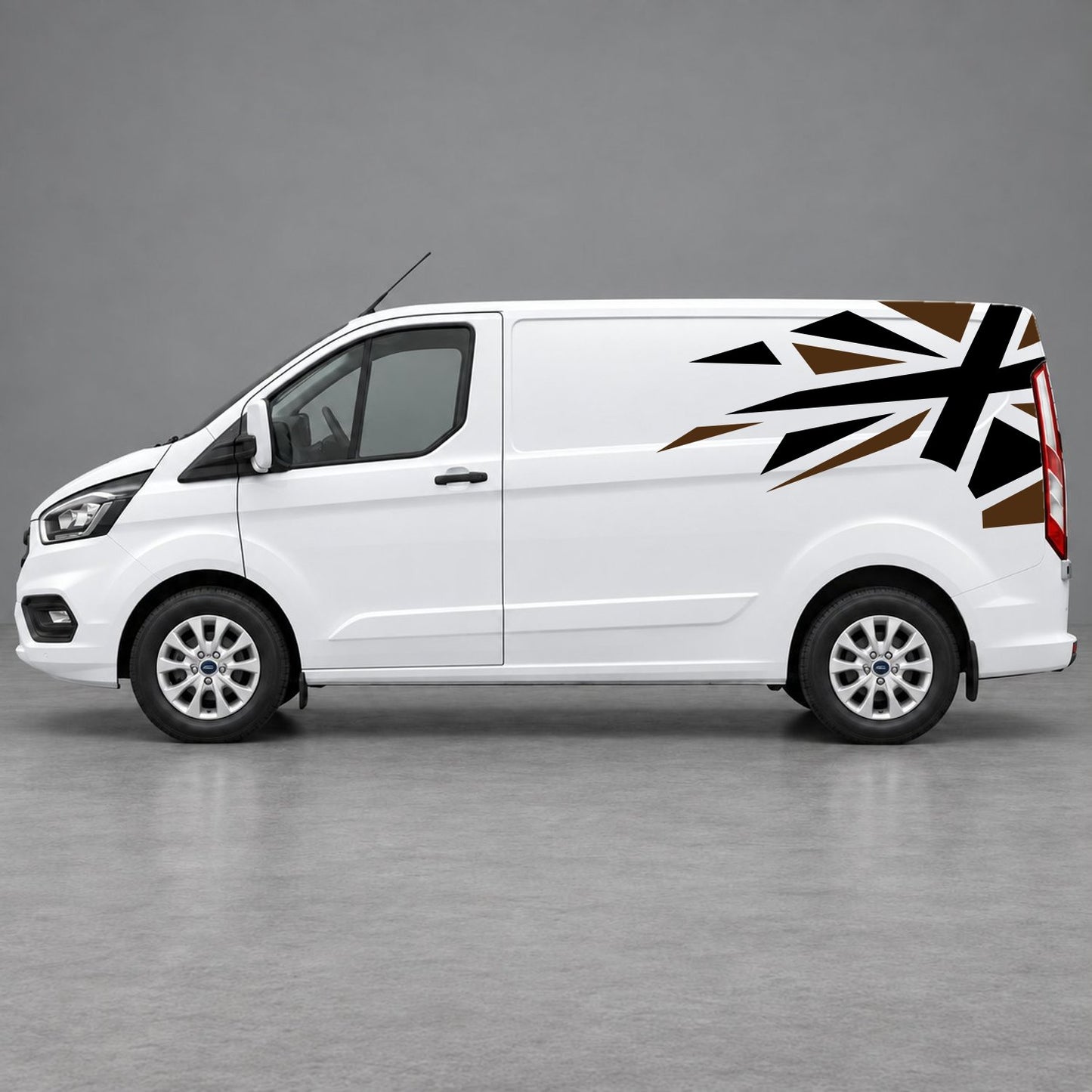 Ford Transit Custom Shattered Union Jack Side Graphics in Brown & Black